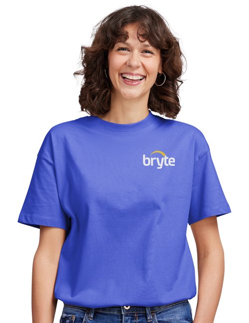 woman wearing a blue t-shirt with Bryte logo