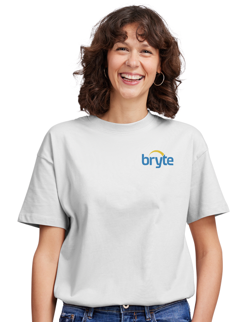 woman wearing a white t-shirt with Bryte logo