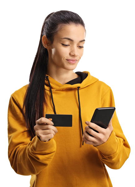 woman in yellow jacket using no fee credit card processing on a mobile phone